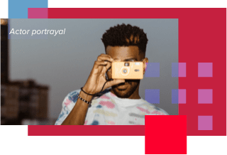 Individual standing on balcony against evening city view in bright t-shirt and taking picture on vintage photo camera. Actor portrayal.